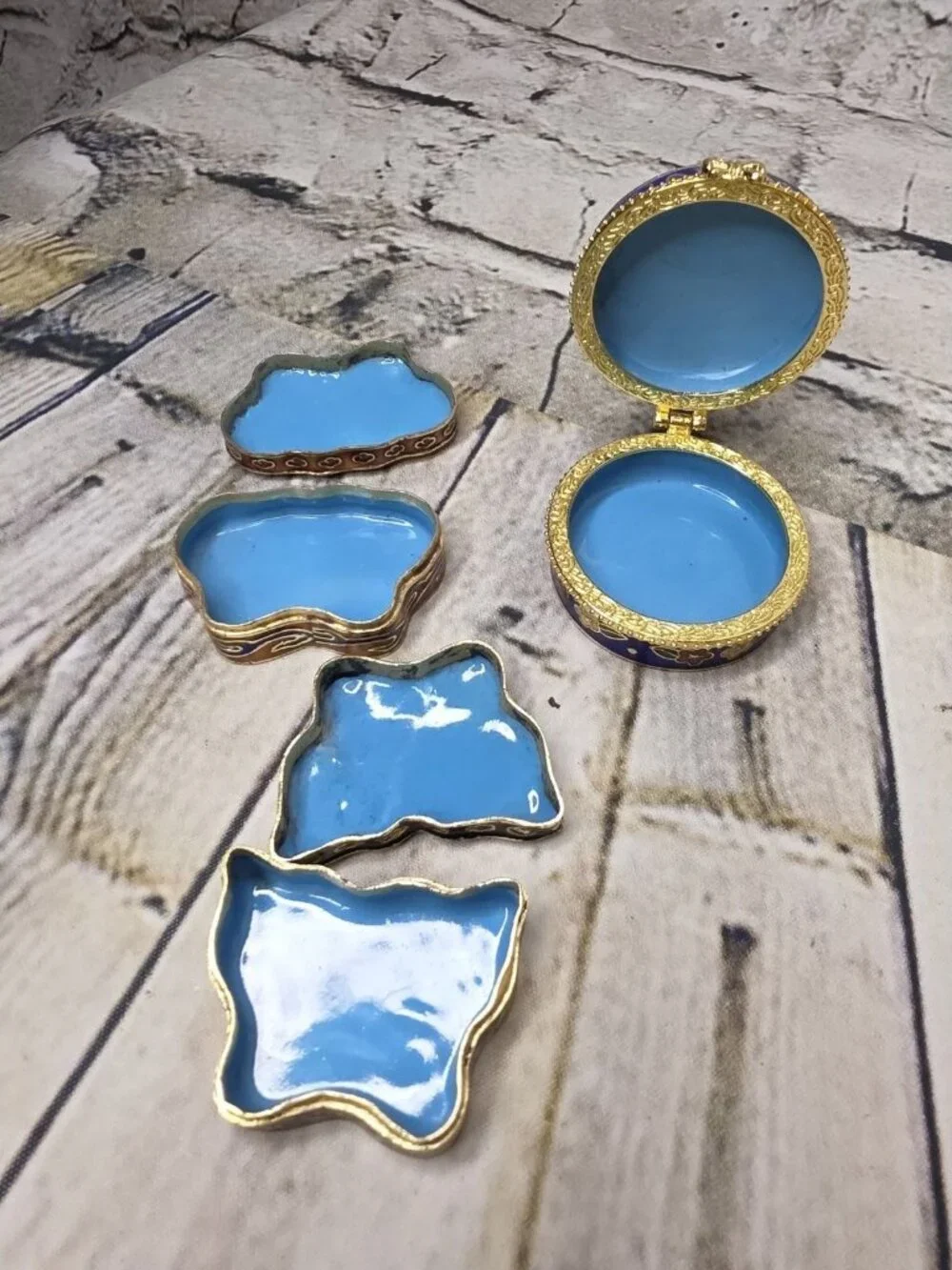Vintage Cloisonne Enameled Pill Trinket Boxes Butterfly Floral Set Of 3 Blues